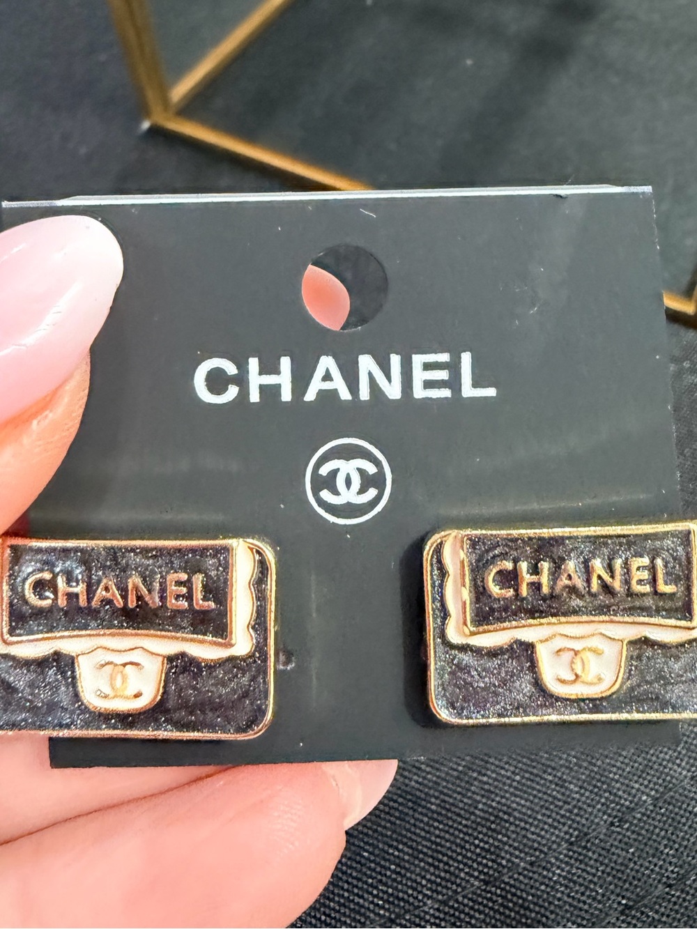 Purse Jewelry Black and Gold 'Logo Flap Stud Earrings | NEW
